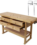 Beefy Heavy Duty Wooden Workbench With Four Drawers And Rubber Wood Top, 60 Inch Garage Shop Table With Two 16 Inch F Clamps, 330 Pounds Capacity