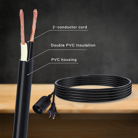 Close-up of Two Pack Fifteen Foot Hanging Light Cord Kit with inline on off switch for pendant lamps E26 E27 socket black