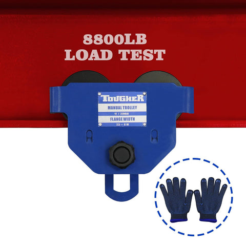 Front view of "Beefed Up Dual Wheel Beam Trolley For One Ton Heavy Duty Lift With 2200 Lbs Capacity Push Manual Trolley Hoist On Dual Track Rollers Adjustable Two And A Half Inch To Eight Inch Flange For I Beam Lifting" showing 8800 lb load test with gloves.