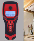 Heavy Duty Digital Wall Scanner And Stud Finder with display for locating wood joists, wires, and pipes in use.