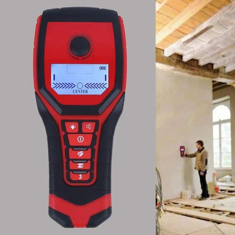 Heavy Duty Digital Wall Scanner And Stud Finder with display for locating wood joists, wires, and pipes in use.