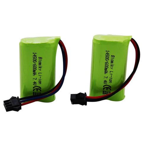 Two green 7.4V 2S 600mAh RC batteries with SM-3P plugs and cables, lightweight LiPo pack for amphibious RC trucks.