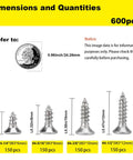 600 Piece Wood Screws Set In Four Sizes, Phillips Flat Head Stainless Steel 304 Assortment with dimensions and quantities