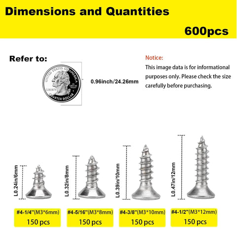 600 Piece Wood Screws Set In Four Sizes, Phillips Flat Head Stainless Steel 304 Assortment with dimensions and quantities