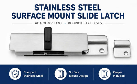 Heavy Duty Stainless Steel Surface Mount Slide Latch With Keeper For ADA Compliant Bathroom Stall Doors And Commercial Toilet Partitions, detailed view with keeper component.