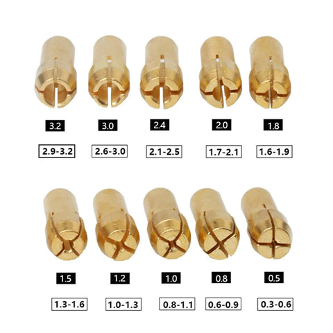 Beefy 11 Piece Brass Collet Chuck Set for Rotary Tools, Tight Grip and Precise Alignment, Includes 0.5 0.8 1.0 1.2 1.5 1.8 2.0 2.4 3.0 3.2 mm Diameters for Drilling, Polishing, Engraving and DIY Projects displayed in a grid with size labels.