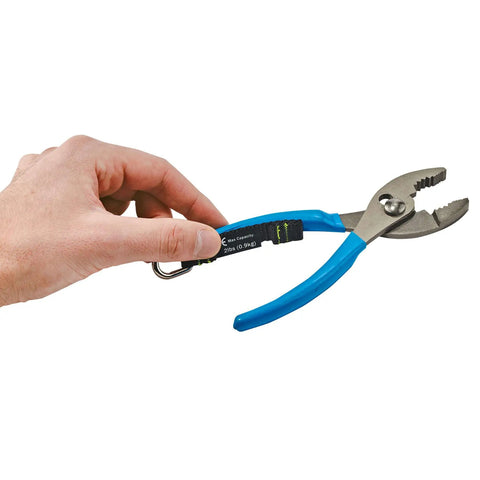 Hand holding pliers with Squids 3180 Tool Tethering Kit For 2lb Tools ANSI ISEA 121-2018 Compliant Ultra Strength Nylon Coiled Lanyard System