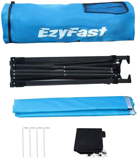Grab-And-Go Ultra Compact Backpack Canopy Pop Up Shelter parts for outdoor adventures, including frame and stakes, with blue carry bag.