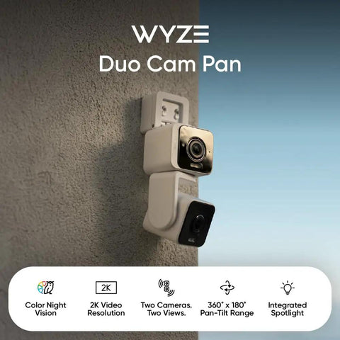 Dual Camera Pan And Tilt Security System For Indoor And Outdoor Use, 2K Ultra Clarity, IP65 Weatherproof, wall mounted night vision