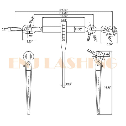 Diagram of 4 Pack Ratchet Load Binders With 2 Grab Hooks For 5/16 To 3/8 Grade 70 Transport Chain, dimensions and details shown.