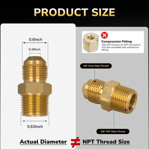 Three Eighths Inch Male Flare To Three Eighths Inch NPT Male Brass Tube Fitting Half Union Coupling Flared Connector For Propane Gas Fuel Refrigeration Durable Brass Pipe Connector 2 Pack, brass fitting size chart