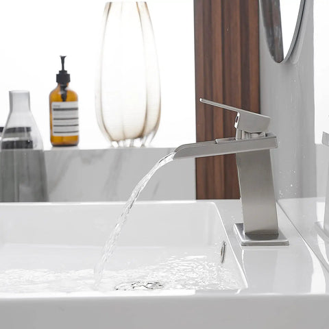 Waterfall Bathroom Faucet Chrome Finish Modern Single Hole Lavatory Sink Mixer Tap Brass Construction With Supply Hose Polished Chrome Vanity Faucet For Easy Install No Fuss Bathroom Remodel