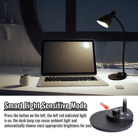 Led Desk Lamp With USB Charger And Three Color Temperature Twenty Brightness Levels Eye Caring Metal Desk Light For Office And Bedroom Ten Watt One Thousand Lumens Adapter Included next to a laptop