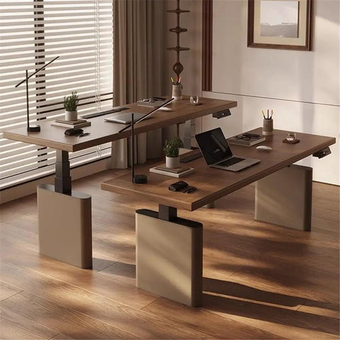Solid Walnut Electric Standing Desk With Built In Charging Ports For Legit Smooth Height Adjustments And Pro Home Office Setup Ergonomic Sit Stand Workstation with dual desks in a spacious room.
