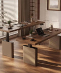 Level Up Your Home Office Setup With This Smooth Electric Standing Desk featuring a walnut finish and two modern height adjustable platforms.