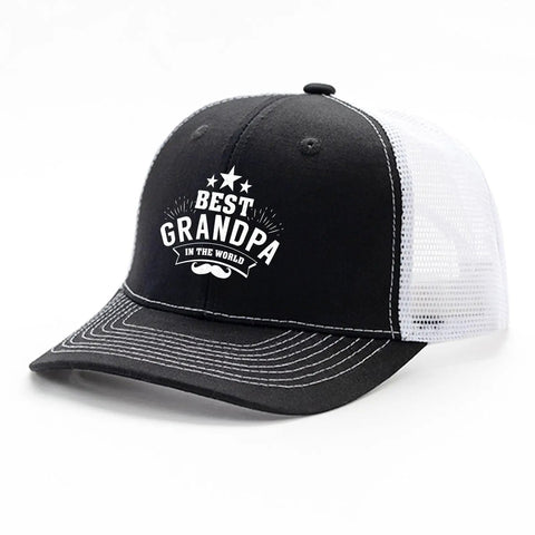 Funny Grandpa Trucker Hat For Men and Women Unisex Adjustable Cap with breathable mesh, black with white text.