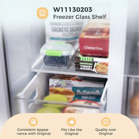 Upgraded Freezer Glass Shelf 11.69 By 9.88 Inches Replacement W11130203 installed in fridge with products on shelf