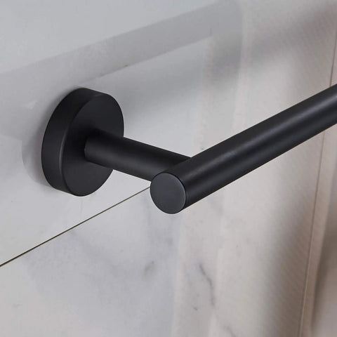 Close-up of wall mounted towel bar from 5 Piece Black Bathroom Hardware Set With Wall Mounted Towel Bar 24 Inch, Hand Towel Holder, Open Arm Toilet Paper Holder, Towel Ring And Towel Hook, SUS304 Stainless Steel Matte Black Finish