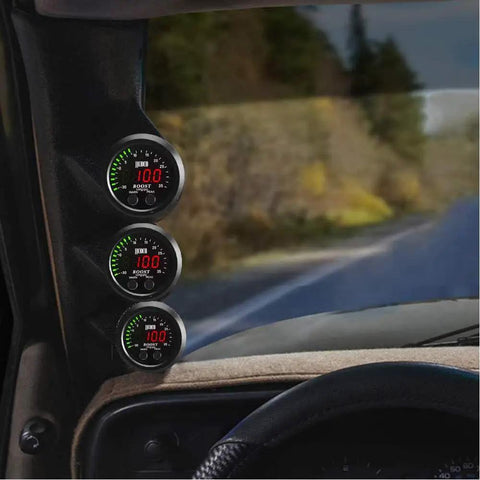 Dope Universal Turbo Boost And Vacuum Gauge Kit With Red LED Display 2 1 16th Inch Gauge Reads 0-35 PSI Boost And -30 To 0 InHg Vacuum Plug-and-Play For Turbocharged And Supercharged Cars. triple gauge pod in car cabin