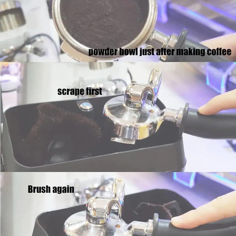 Legit Electric Portafilter Cleaner And Coffee Grounds Knock Box With 58mm Basket For Espresso Machines showing espresso puck cleanup steps.