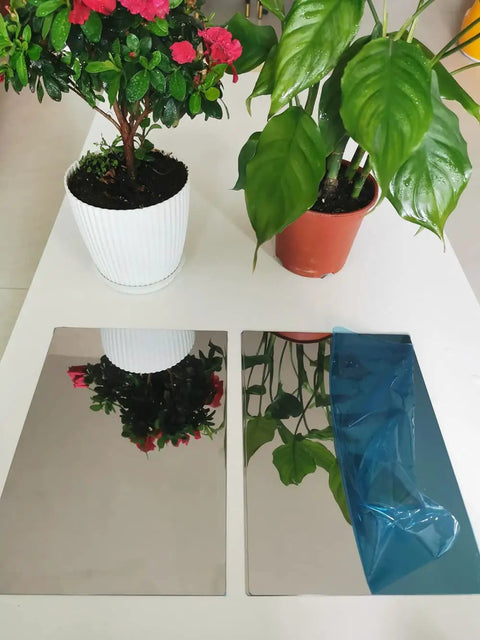 Pro Grade 304 Stainless Steel Sheet With Mirror Finish 200x300mm Metal Plate Double Sided Protective Film next to plants