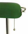 Close-up of 13.5 Inch Traditional Banker Lamp with Green Glass Cylinder Shade, Polished Brass Finish, showing pull chain detail.