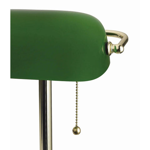 Close-up of 13.5 Inch Traditional Banker Lamp with Green Glass Cylinder Shade, Polished Brass Finish, showing pull chain detail.