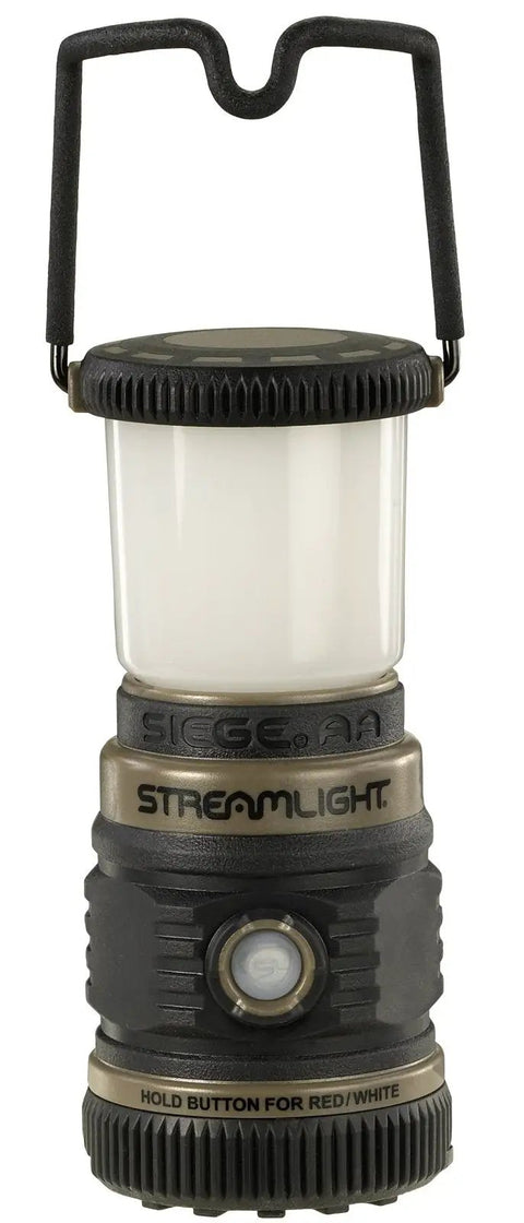 Siege AA 200-Lumen Lantern With White And Red LEDs For Camping And Emergencies Featuring High Medium And Low White Modes Plus Red LED And SOS For Emergency Signaling Night Vision Friendly And Compact Outdoor Light Coyote showing front view with handle and control button.