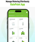 Smartphone showing RainPoint app interface for WiFi And Ethernet Enabled Water Timer Gateway For Sprinklers And Drip Irrigation
