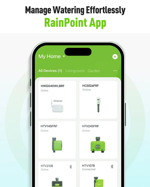 Smartphone showing RainPoint app interface for WiFi And Ethernet Enabled Water Timer Gateway For Sprinklers And Drip Irrigation