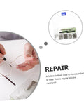 On The Go Eyeglass Repair Kit with screws, nose pads, and multitools for eyeglasses shown with hands repairing glasses.