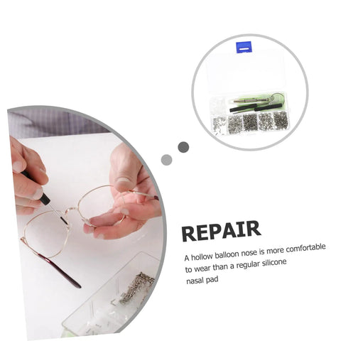 On The Go Eyeglass Repair Kit with screws, nose pads, and multitools for eyeglasses shown with hands repairing glasses.