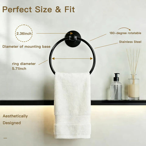Adhesive Towel Ring Self Adhesive Stainless Steel Matte Black Rustproof Bathroom Towel Holder Wall Mount SUS 304 Durable