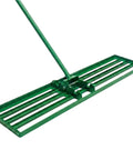Heavy Duty Lawn Leveling Rake With A 36 Inch Steel Handle for fast yard leveling and a flat surface creation visible at an angle.