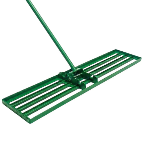 Heavy Duty Lawn Leveling Rake With A 36 Inch Steel Handle for fast yard leveling and a flat surface creation visible at an angle.