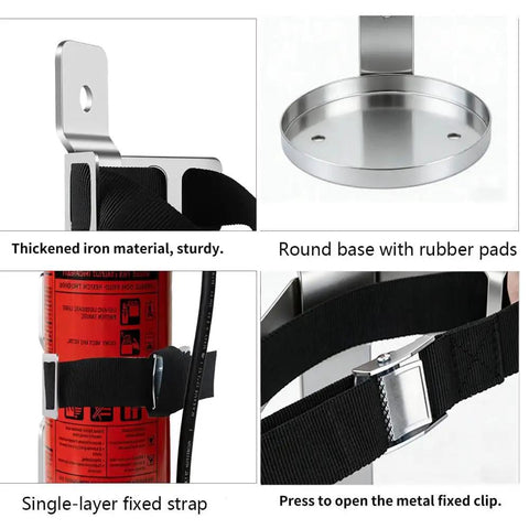 Sturdy Stainless Steel Fire Extinguisher Bracket For Wall Mounts And Car Or Boat Use with quick release snap and rubber pads.