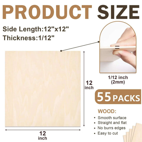 Front view: MITINU 55-pack basswood sheets for crafts, 12x12 inches, 2 mm thick unfinished wood boards
