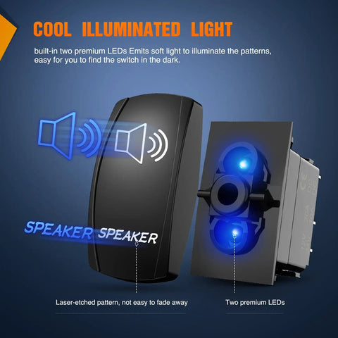 Lit Blue LED 5 Pin Rocker Switch SPST On Off With Jumper Wires Set Illuminated showing speaker design and blue LEDs
