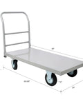 Heavy Duty Steel Platform Truck With A Roomy 24X48 Inch Deck And Rollin Smooth Rubber Swivel Wheels for 2000 lbs capacity, side angle.