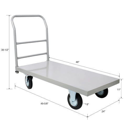 Heavy Duty Steel Platform Truck With A Roomy 24X48 Inch Deck And Rollin Smooth Rubber Swivel Wheels for 2000 lbs capacity, side angle.