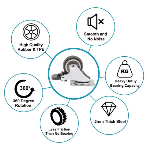 4 Pack 1.25 Inch Caster Wheels With Brakes Rubber Swivel Heavy Duty Casters With 360 Degree Top Plate 140 Lbs Total Capacity