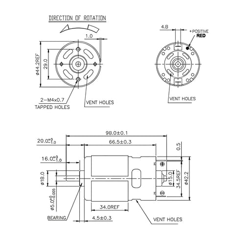 Technical drawing of RS775 Compact DC Motor showing dimensions and vent holes, designed for Sander Polisher Kit 12V 24V 120W.