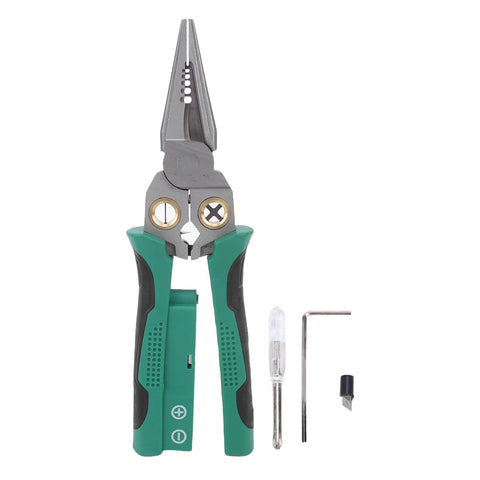 Top Shelf Electrician Wire Stripper And Crimping Pliers With Built In Voltage Tester, Heavy Duty Cable Cutter, Ergonomic Comfort Grip, Smooth Multi Function Electrical Tool For Real Hustlers, showing green and silver ergonomic design.