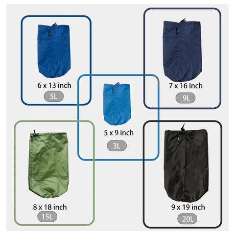 Ultralight Stuff Sack Set 5 Pack For Travel And Backpacking 3L 5L 9L 15L 20L Ditty Bags With Dust Flap in multiple colors