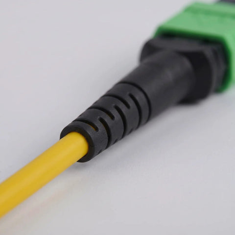 Close-up of Real Deal MPO Fiber Patch Cable Single Mode 8 Core Type B Female To Female with yellow and black connector.