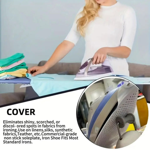 Must Have Gear Universal Ironing Aid Boot With PTFE Coating Anti Scorch Iron Shoe Guard in use on a steam iron.