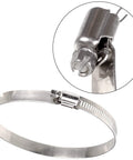 Close-up of a metal clamp for 4 Inch Flexible Duct Hose, 12 Feet Long With 2 Clamps, Four Layer Aluminum Dryer Vent Tube for HVAC and air ducts.