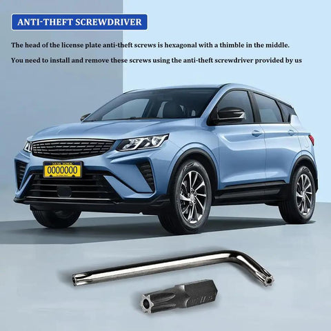 Anti Theft Screwdriver for License Plate Screws, hexagonal design, used for secure installation on vehicles.