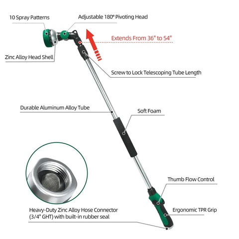 Telescoping Watering Wand For Garden Hose 36 To 54 Inch Adjustable Reach 10 Spray Patterns Heavy Duty Nozzle in green