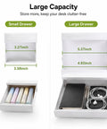 Kick Clutter To The Curb With This Slick Under Desk Drawer Organizer 2 Pack showing small and large drawers with dimensions.